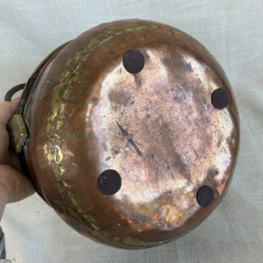 Antique Hand-Hammered Copper Cauldron w/ Wrought Iron Bail Handle 8